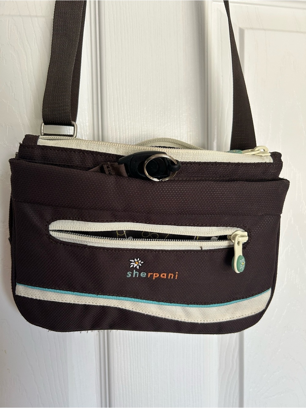 Sherpani Brown Crossbody Bag with Cream & Teal Trim